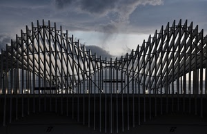 nuvole, cielo, architettura, stazione, linee, travi, curve, nero, struttura, moderno, simmetria, controluce, ondulato, astratto